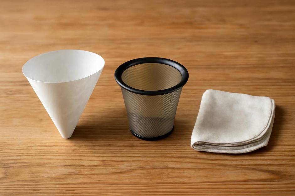 Three coffee filters—paper cone, metal mesh, and folded cloth—on a wooden table.
