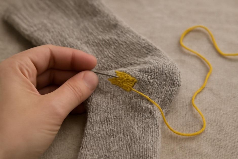 Close-up of a hand darning a small hole in a wool sock with a needle and contrasting yarn.