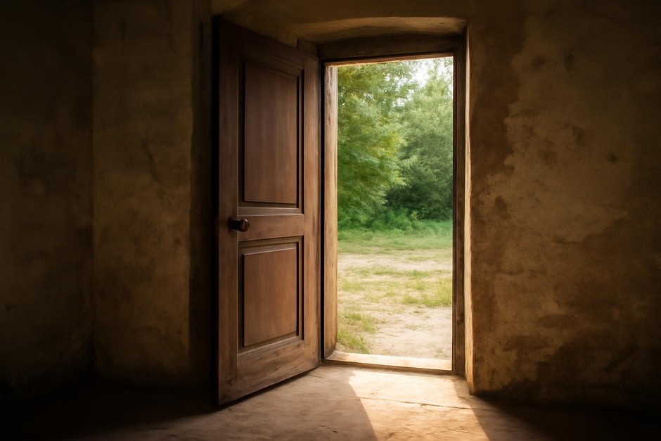 A worn wooden doorway with light spilling through the threshold