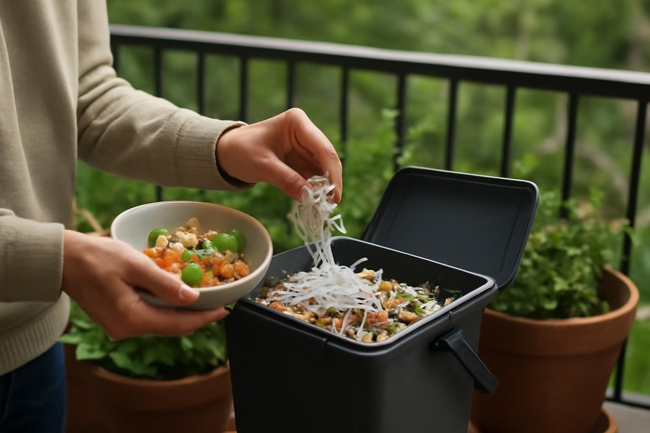 Hands adding kitchen scraps and shredded paper to a small compost bin on a balcony