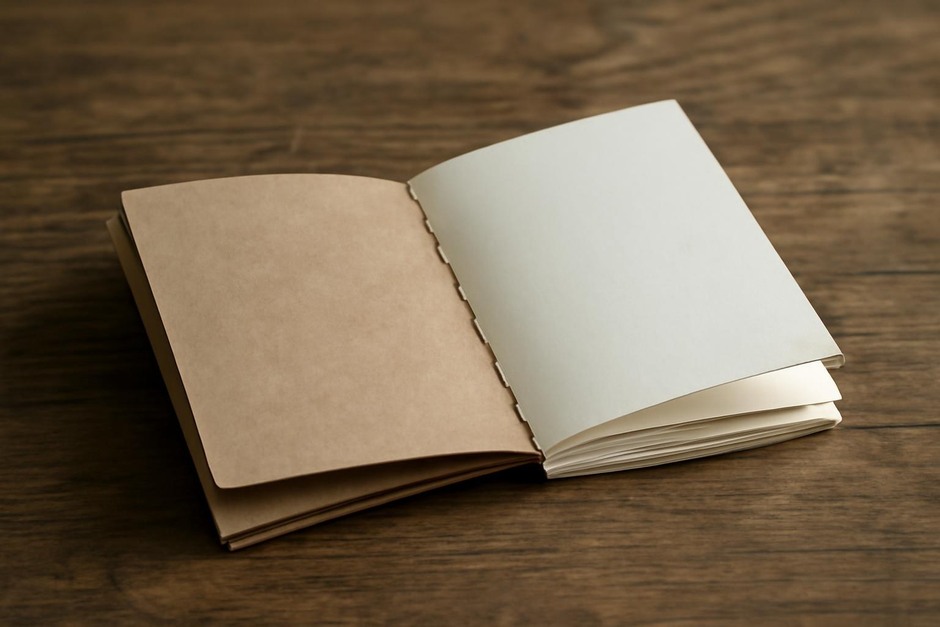 A small handmade notebook open to reveal stitched spine and blank pages