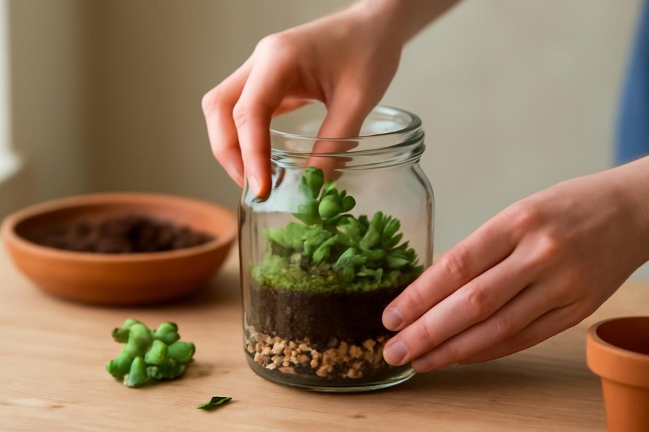 Hand arranging small succulents inside a glass jar terrarium