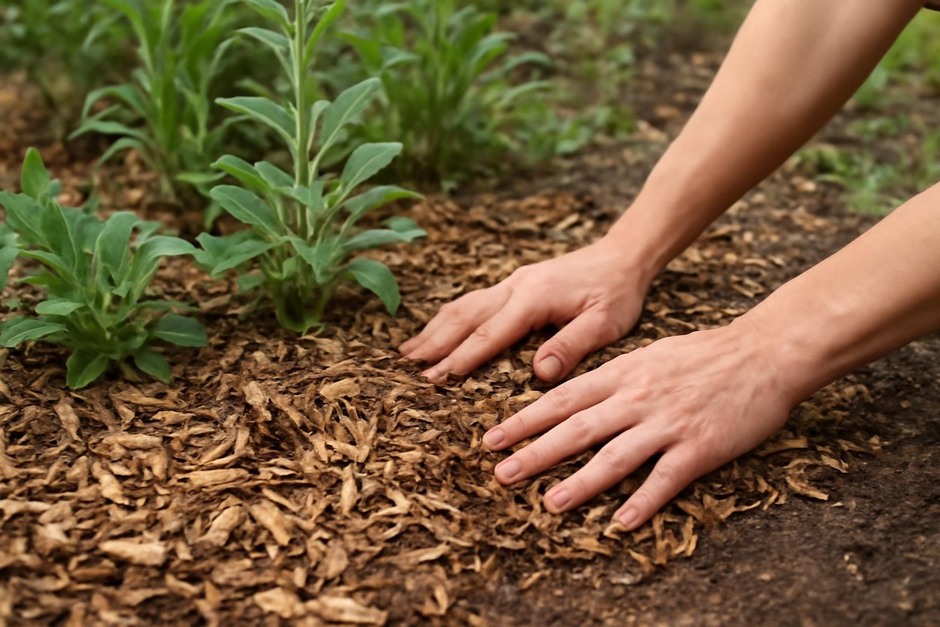 Hands spreading wood-chip mulch around a perennial bed