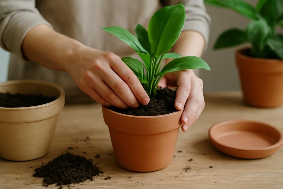 Hands repotting a houseplant into a new terracotta pot with fresh soil