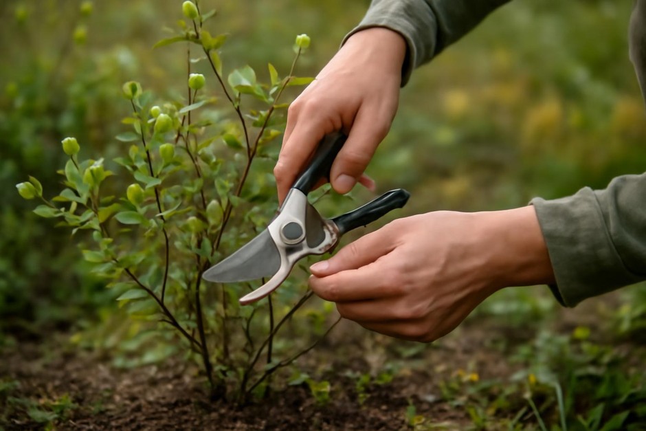 Hands pruning a small shrub with clean secateurs