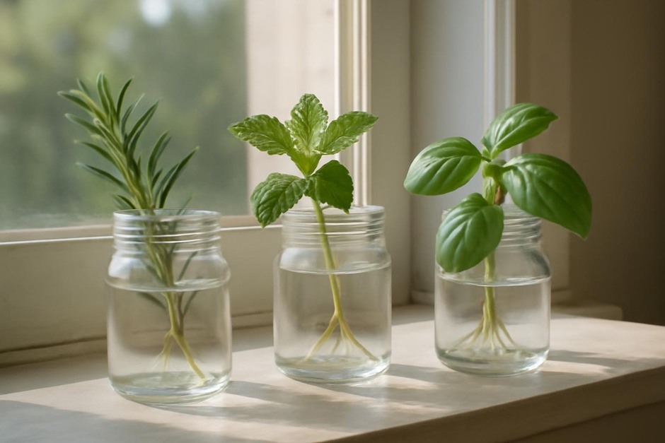 Three small glass jars on a sunny windowsill with herb cuttings rooting in water