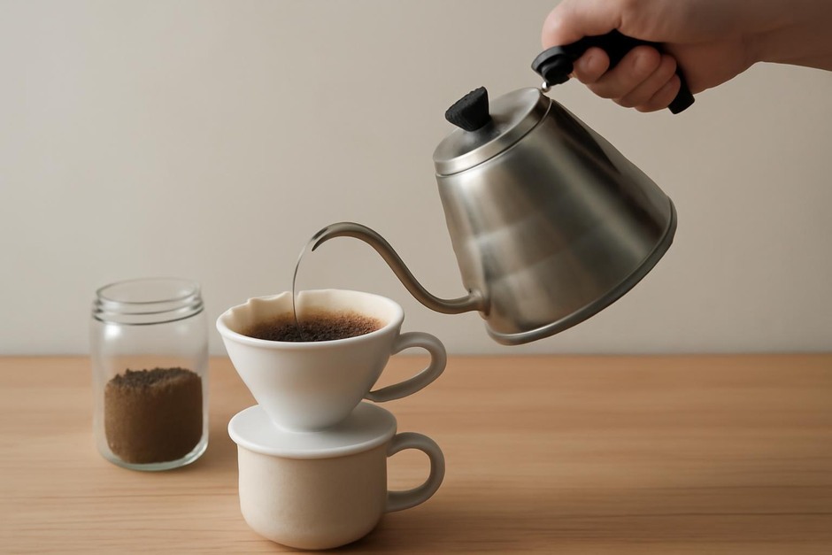 A hand pouring water from a kettle into a cone dripper over a mug